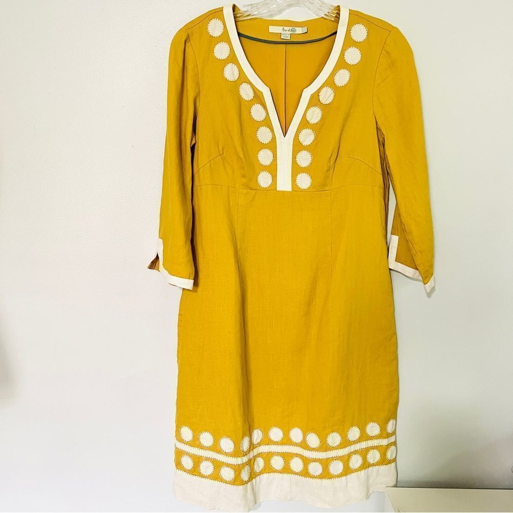Boden Mustard Gold Embellished Lined Linen Dress 6